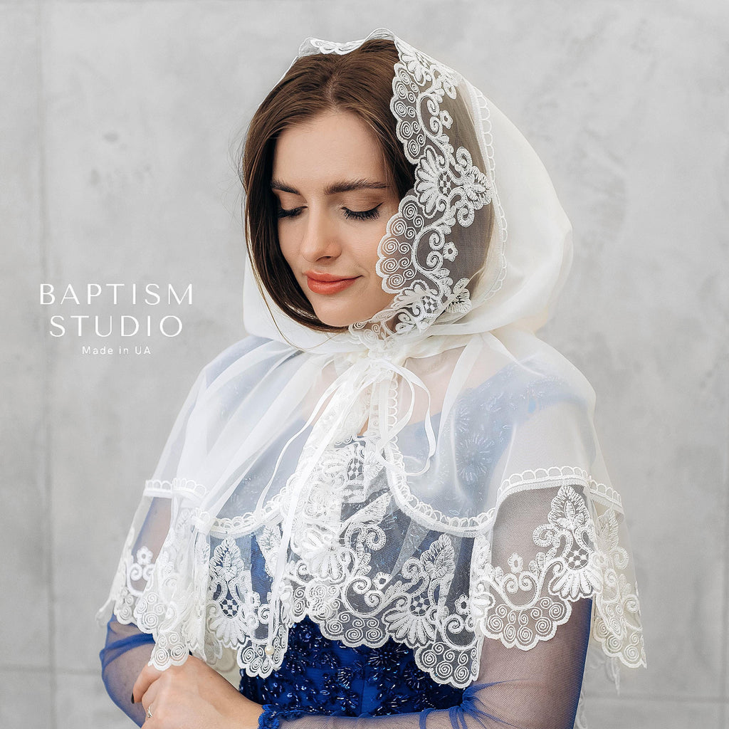 White lace church scarf for women with embroidered details