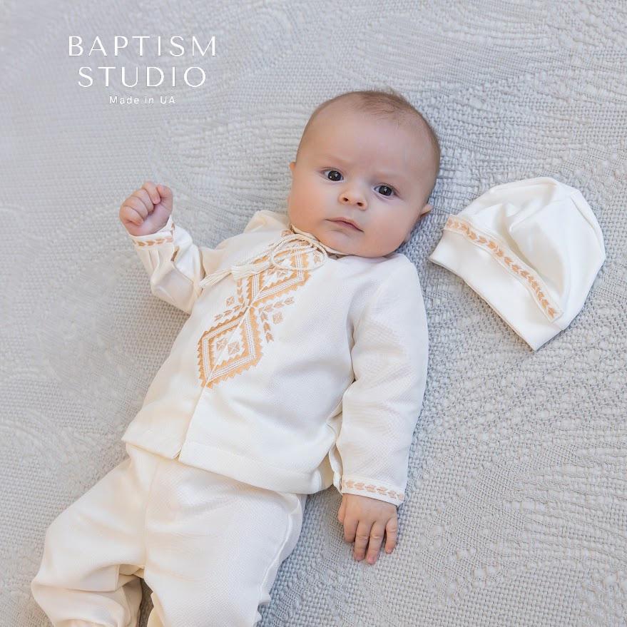 Boys' Baptism Outfit  – Ivory with Beige Embroidery (Shirt, Pants, Booties, Hat), Christening Gown BoyBoys Baptism Gown