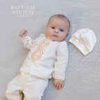 Boys' Baptism Outfit  – Ivory with Beige Embroidery (Shirt, Pants, Booties, Hat), Christening Gown BoyBoys Baptism Gown