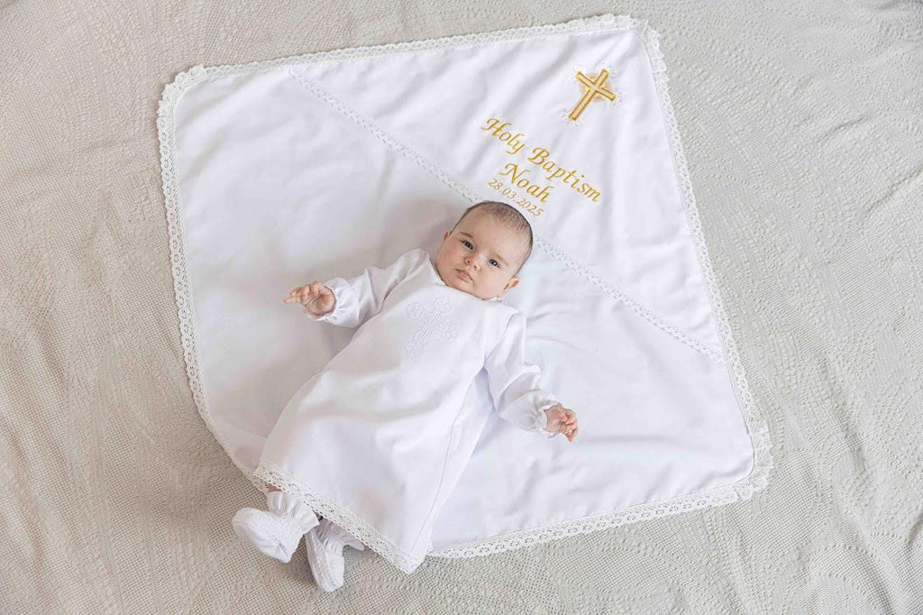 Personalized Baby Baptism Linen Gown & Blanket – Custom Christening Outfit with Embroidery