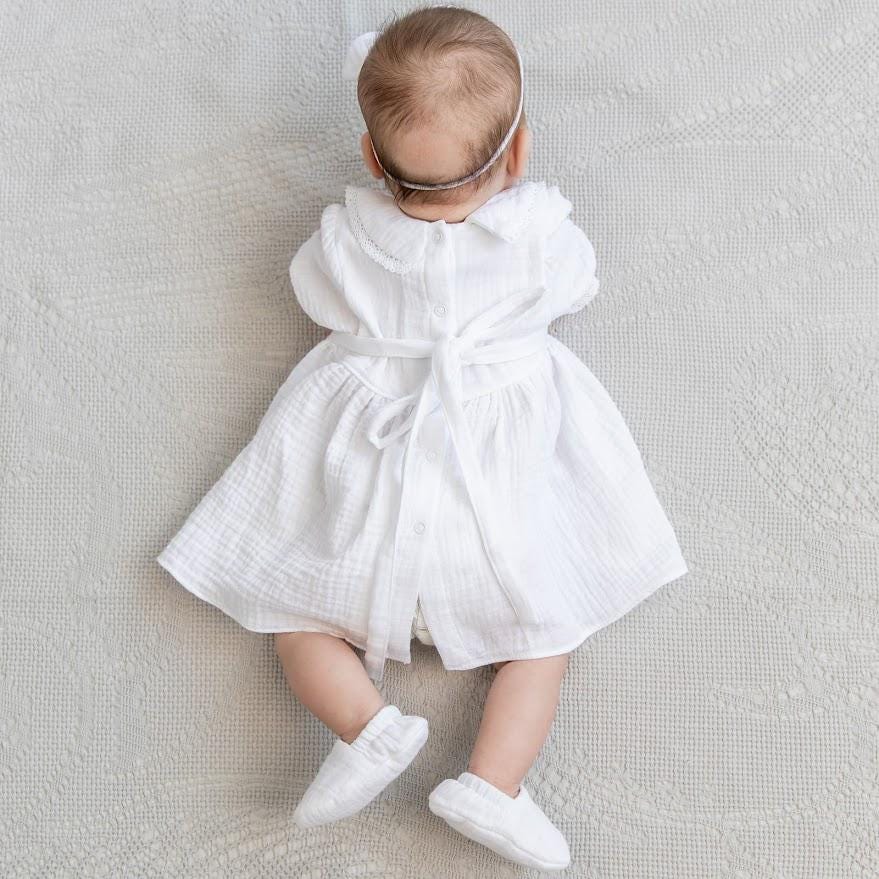 White Muslin Baby Baptism Dress with Bow Headband – Christening Outfit
