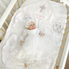 Luxury Linen Baptism Set for Baby Girl – Dress, Bonnet, Pants, Booties, Headband & Personalized Blanket