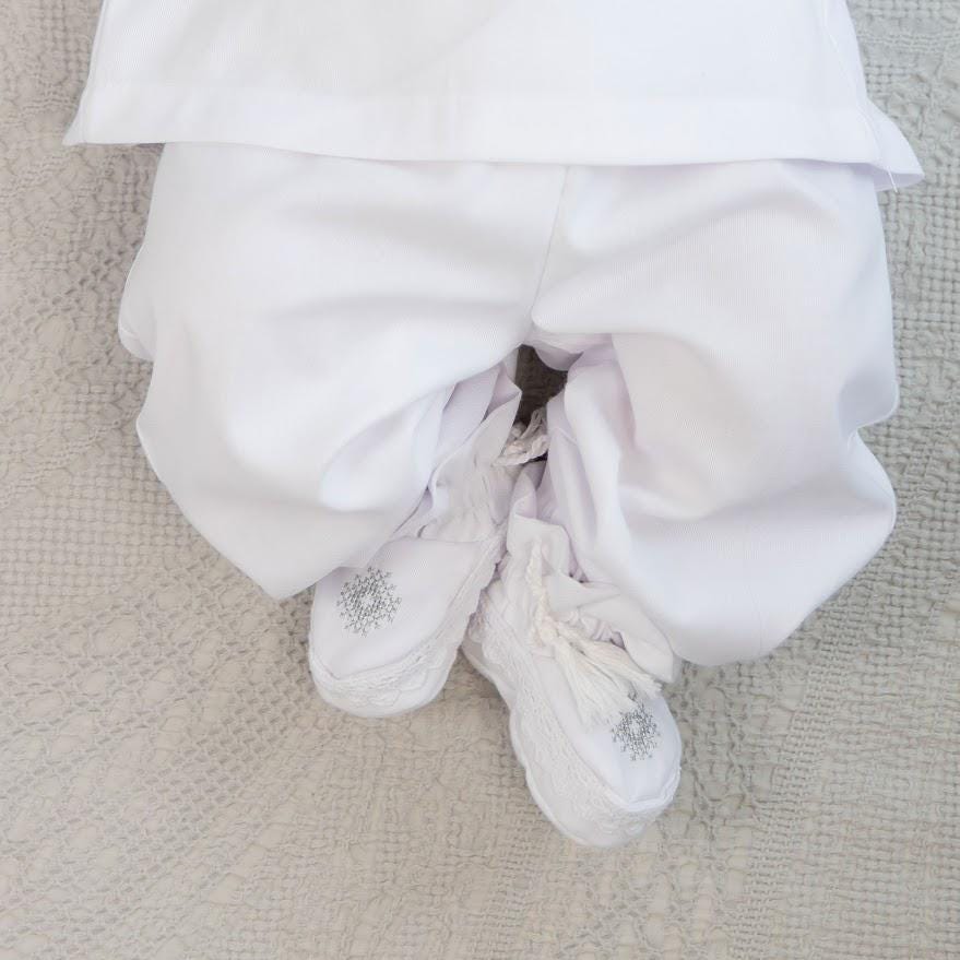 Baby Boy Baptism Outfit – White Linen Christening Set with Shirt, Pants, Booties & Hat