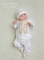 Luxury Linen Baptism Outfit for Baby Boy with Gold Embroidery