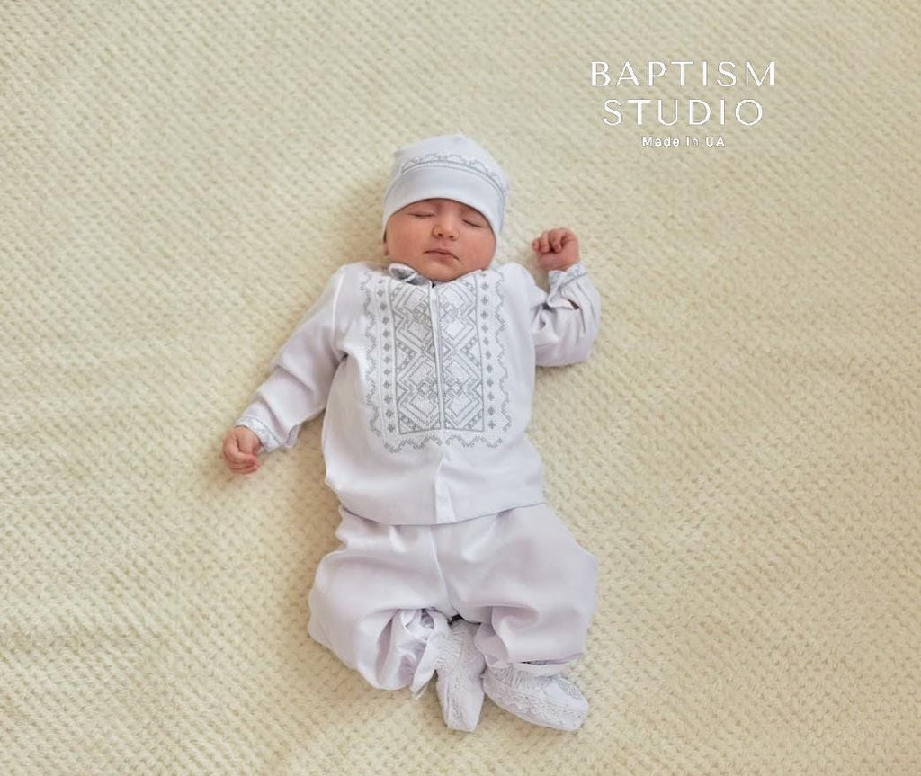 Linen Baby Boy Baptism Outfit – Ukrainian Christening Set with Silver Embroidery (4 pcs)