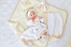 Ivory Linen Baby Girl Christening Outfit – 5‑Piece Set with Dress, Pants, Bonnet, Booties, Headband & Linen-Plush Blanket