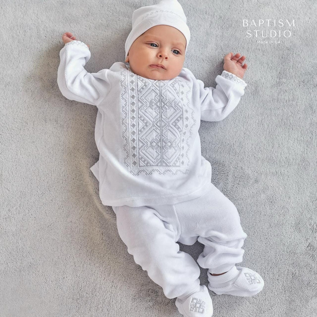 White Baby Baptism Velour Outfit with Silver Embroidery | Christening Set