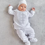 White Baby Baptism Velour Outfit with Silver Embroidery | Christening Set