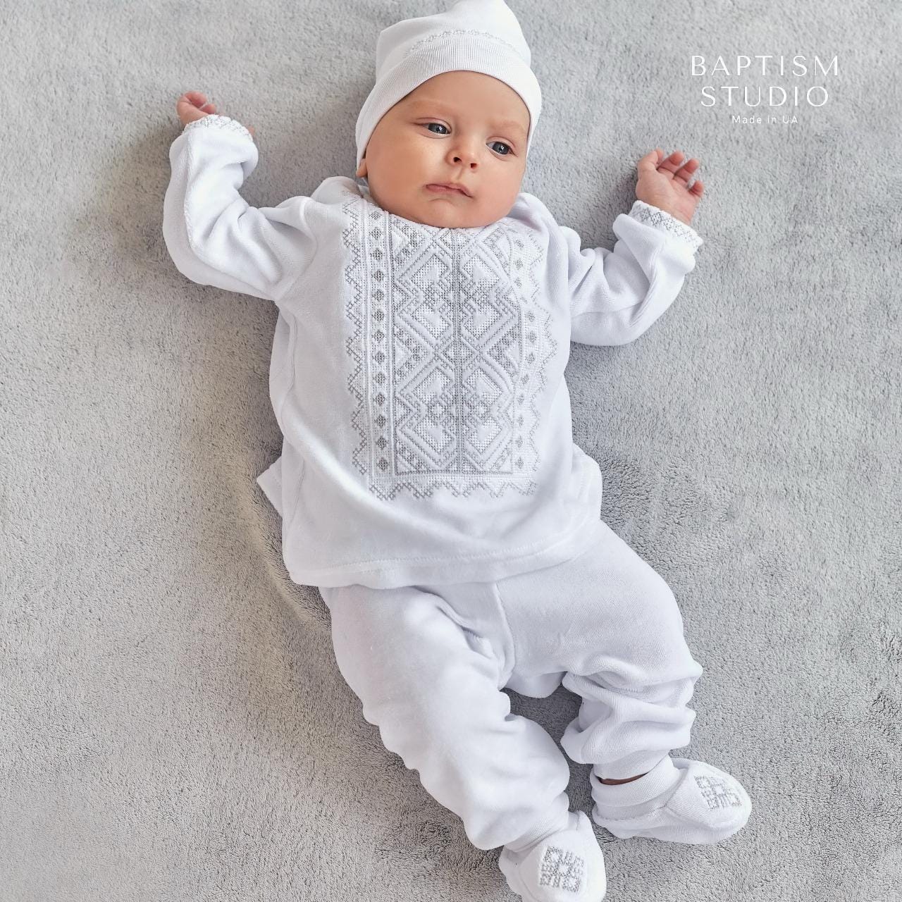 White Baby Baptism Velour Outfit with Silver Embroidery | Christening Set