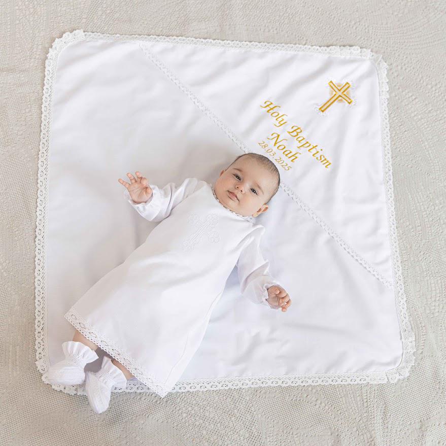 Personalized Baby Baptism Linen Gown & Blanket – Custom Christening Outfit with Embroidery
