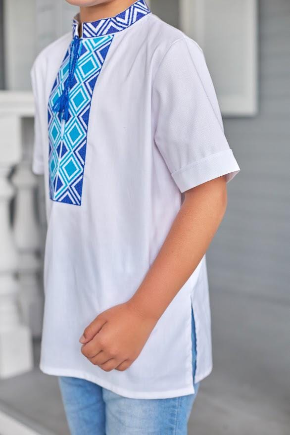 Boys Linen Ukrainian Embroidered Shirt • Blue Geometric Embroidery Vyshyvanka