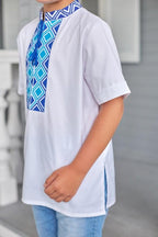 Boys Linen Ukrainian Embroidered Shirt • Blue Geometric Embroidery Vyshyvanka
