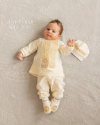 Baby dedication outfit made of natural linen with lace trim