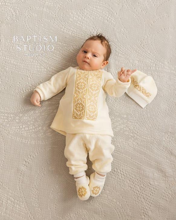 Baby dedication outfit made of natural linen with lace trim