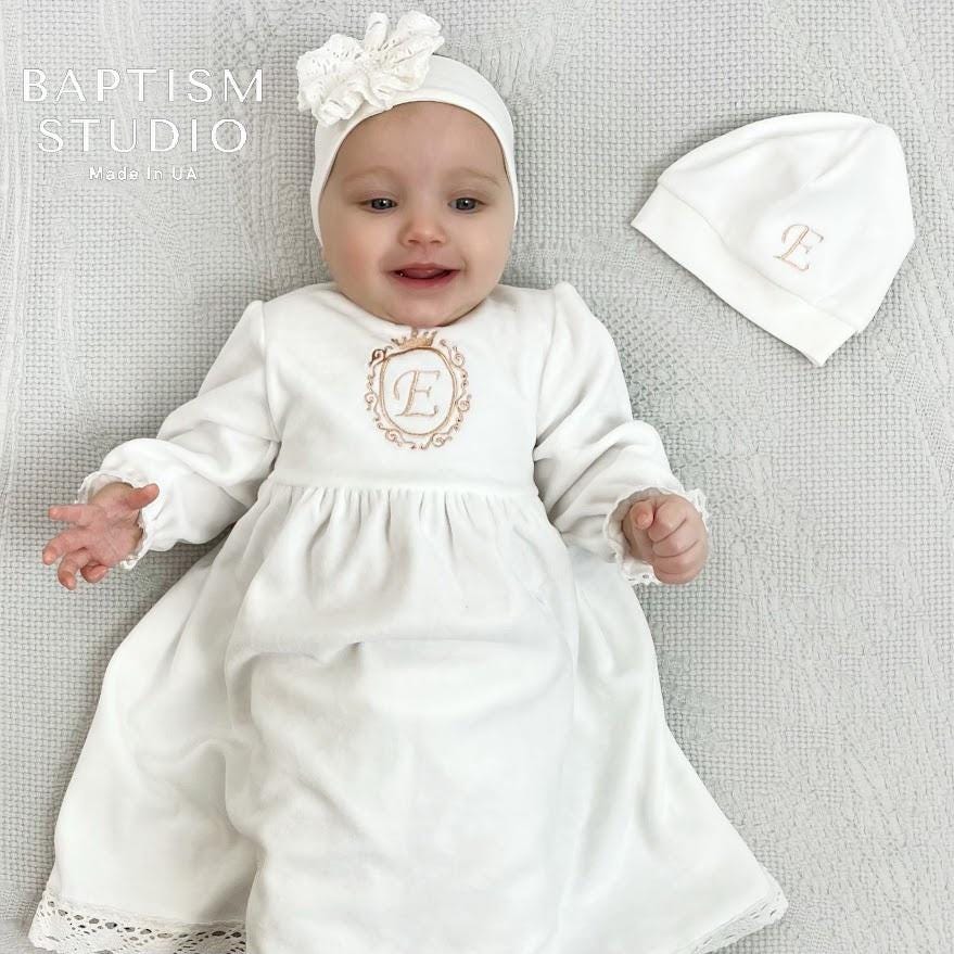 Personalized Baby Baptism Outfit Set – Ivory Velour Christening Set with Initial