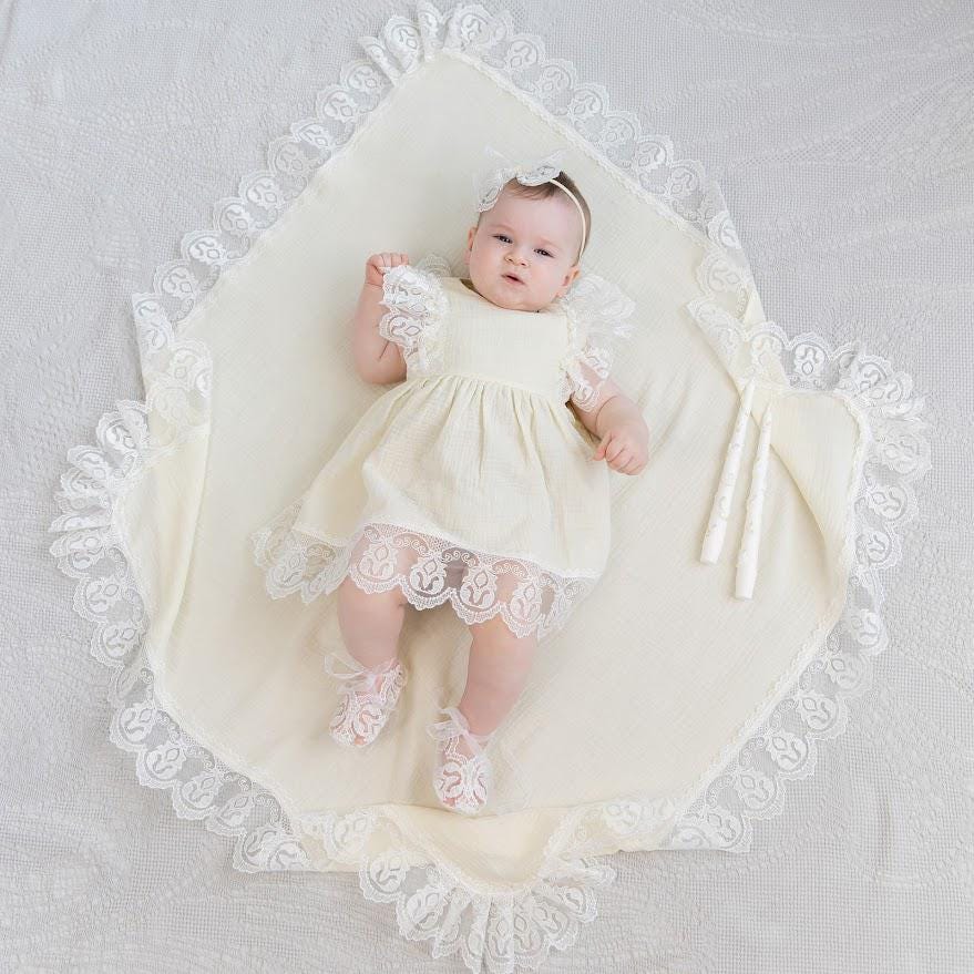 Ivory muslin baptism set for baby girl with lace dress and blanket