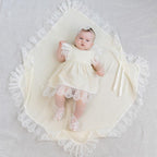Ivory muslin baptism set for baby girl with lace dress and blanket