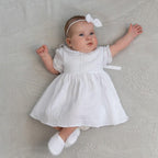 White Muslin Baby Baptism Dress with Bow Headband – Christening Outfit