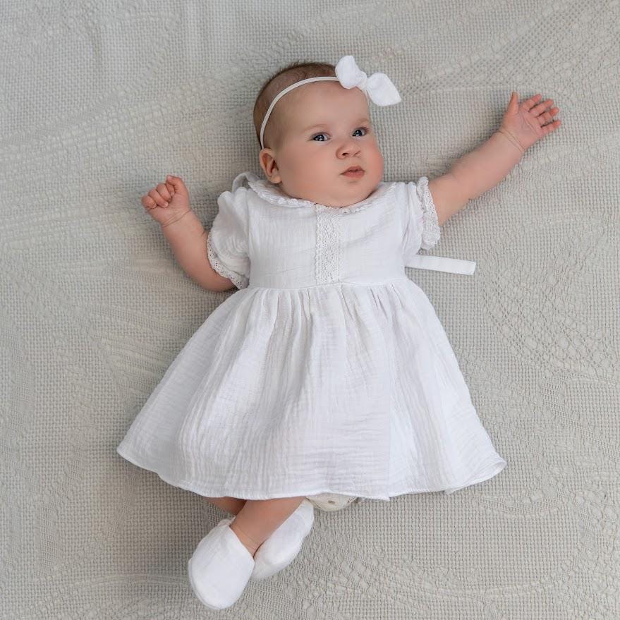 White Muslin Baby Baptism Dress with Bow Headband – Christening Outfit