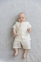 Ivory Linen Baby Baptism Outfit with Hooded Towel | Christening Set with Angel Embroidery