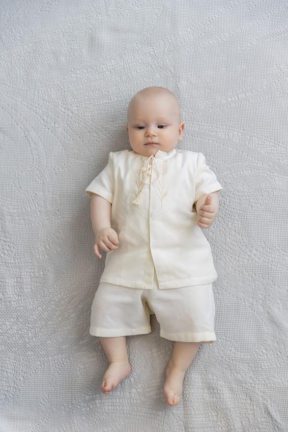 Ivory Linen Baby Baptism Outfit with Hooded Towel | Christening Set with Angel Embroidery