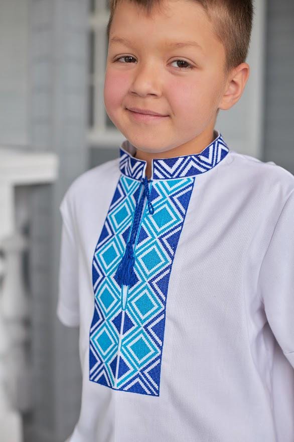 Boys Linen Ukrainian Embroidered Shirt • Blue Geometric Embroidery Vyshyvanka