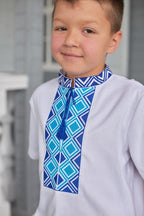 Boys Linen Ukrainian Embroidered Shirt • Blue Geometric Embroidery Vyshyvanka