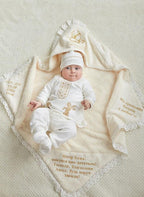 Luxury Christening Set – Personalized Linen & Fleece Blanket with Velour Outfit