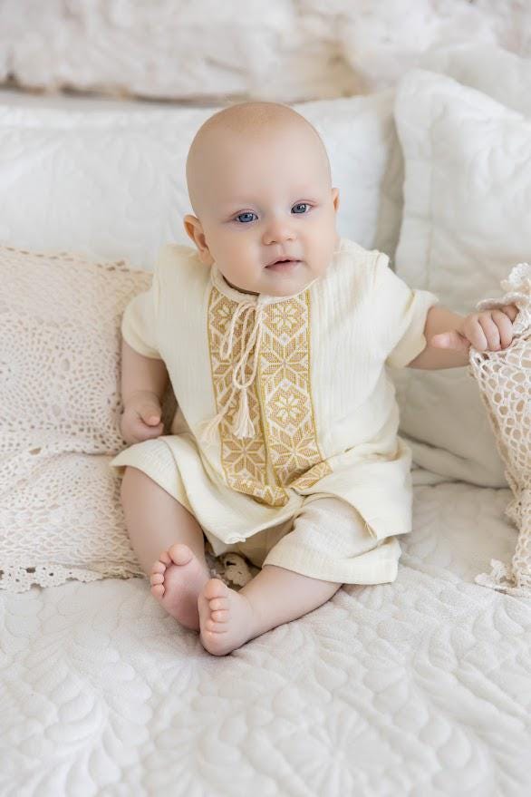 Ivory Muslin Summer Baptism Outfit for Baby Boy