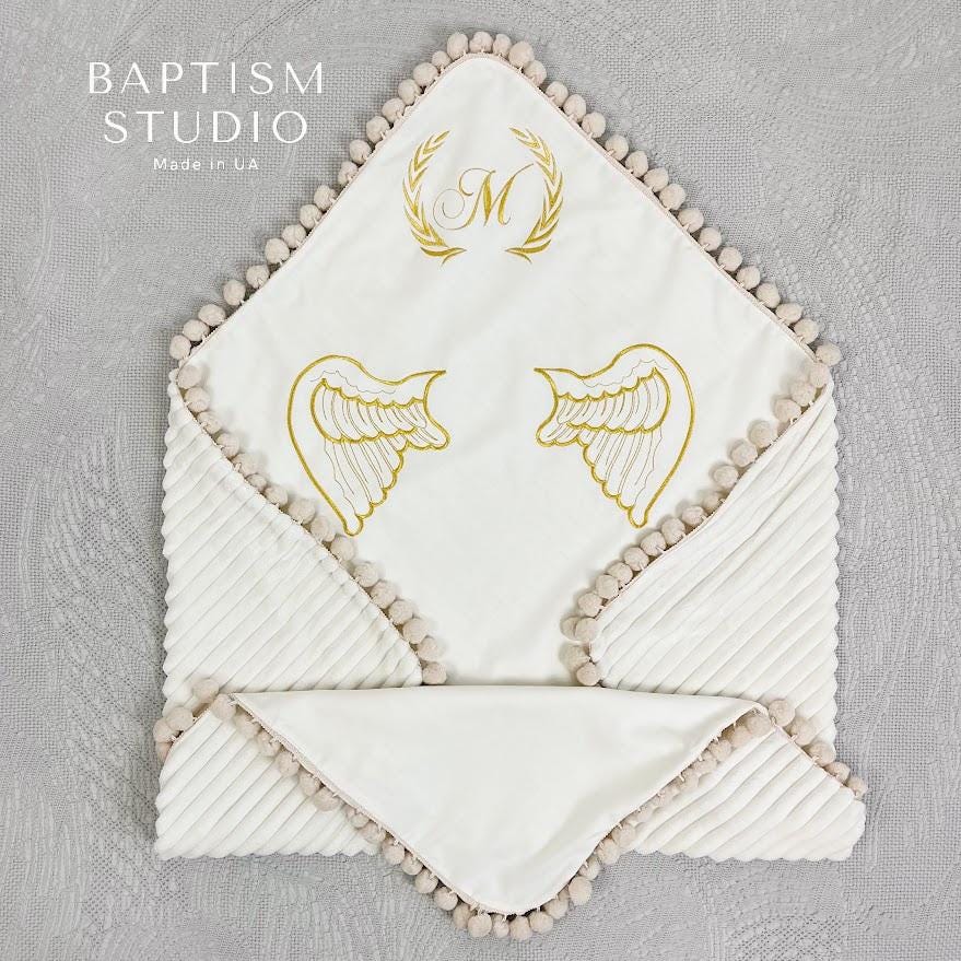 Personalized Baptism Blanket with Angel Wings and Initial – Soft Minky Christening Towel with Gold Embroidery