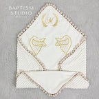 Personalized Baptism Blanket with Angel Wings and Initial – Soft Minky Christening Towel with Gold Embroidery