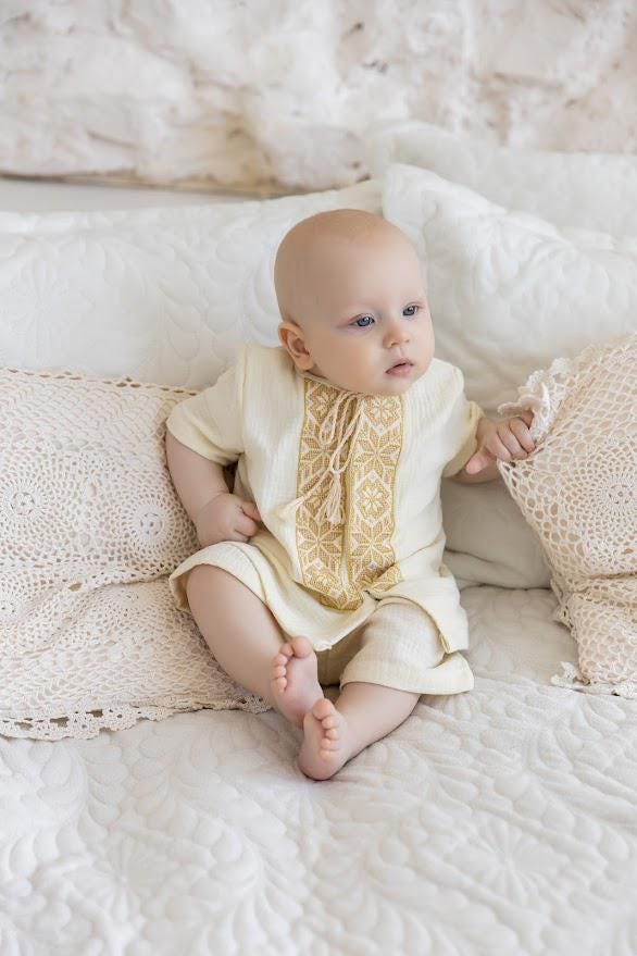 Ivory Muslin Summer Baptism Outfit for Baby Boy