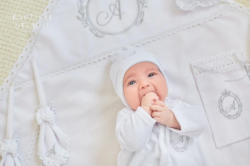 Personalized Linen Christening Set for Baby Boy - Natural velor Baptism Outfit