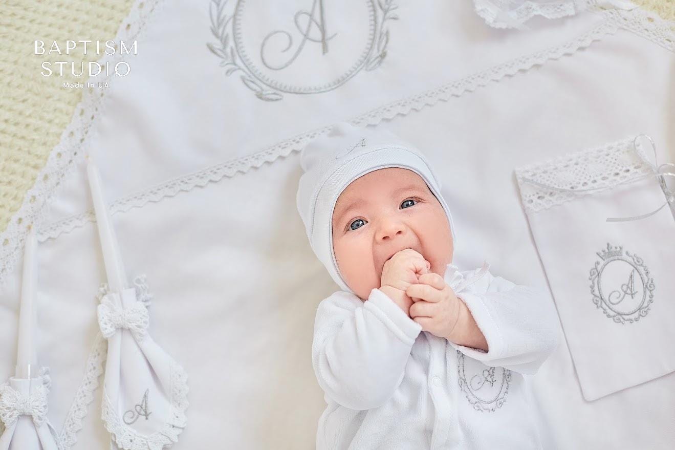 Personalized Linen Christening Set for Baby Boy - Natural velor Baptism Outfit