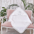 Personalized Hooded Baptism Towel – Embroidered Christening Gift with Lace Trim