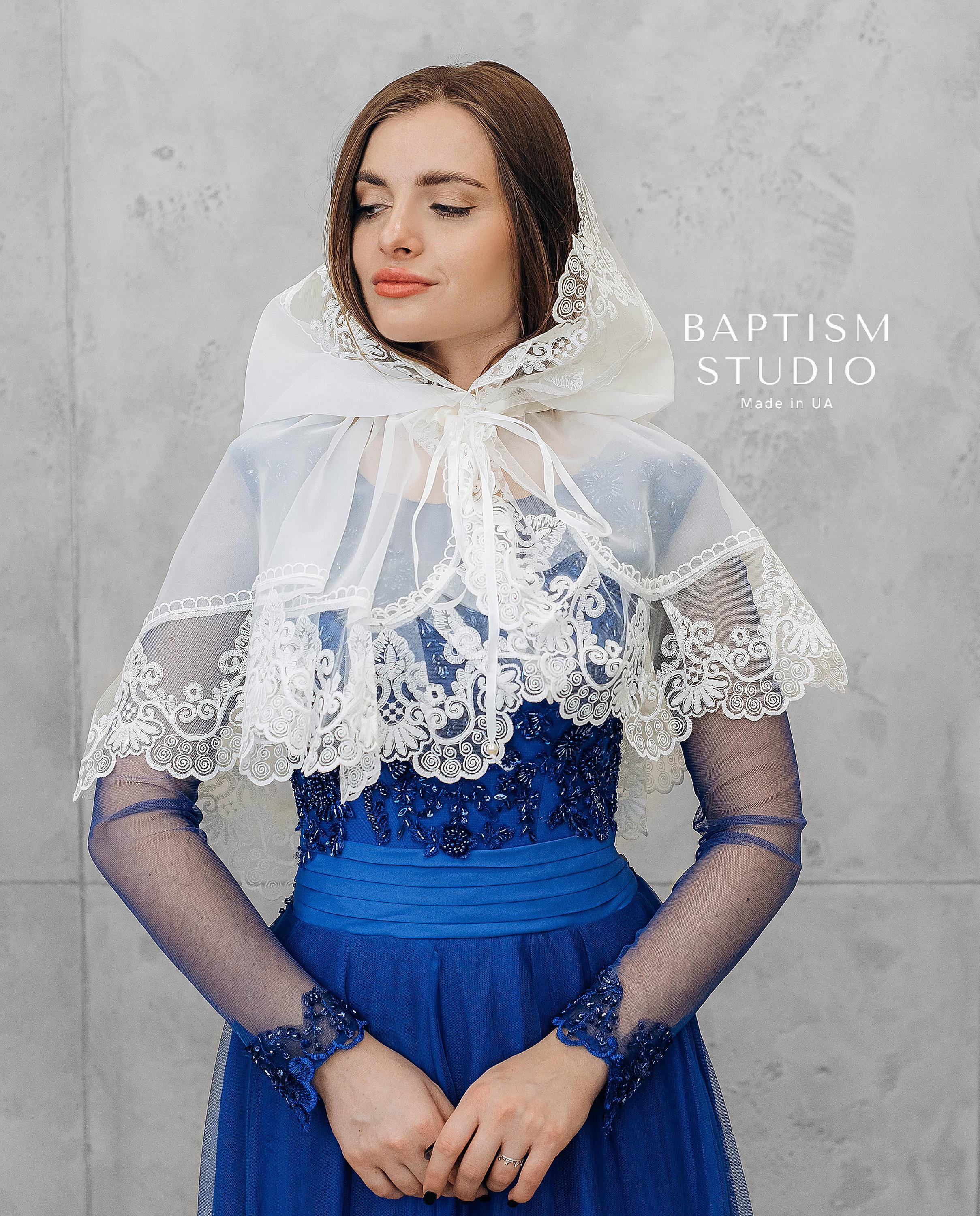 White baptism scarf for women, modest lace mantilla