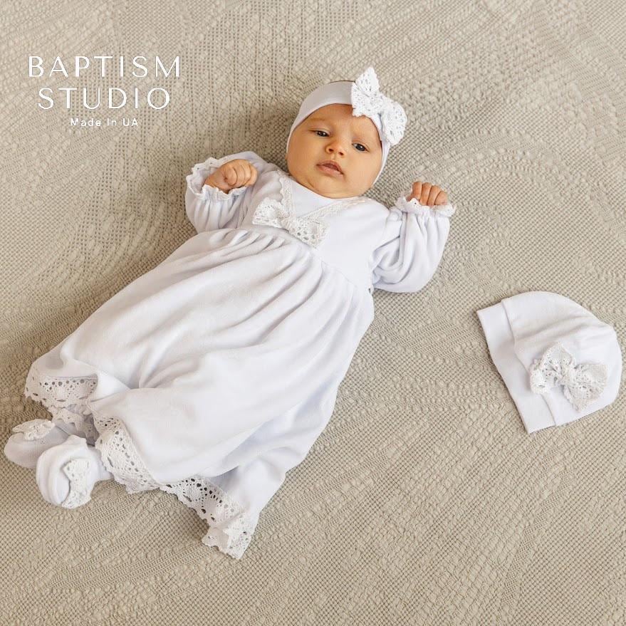 Luxury Baby Baptism Dress  Set – White Baby Girl Christening Gown with Lace – Newborn Baptism Outfit