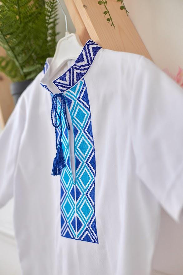 Boys Linen Ukrainian Embroidered Shirt • Blue Geometric Embroidery Vyshyvanka