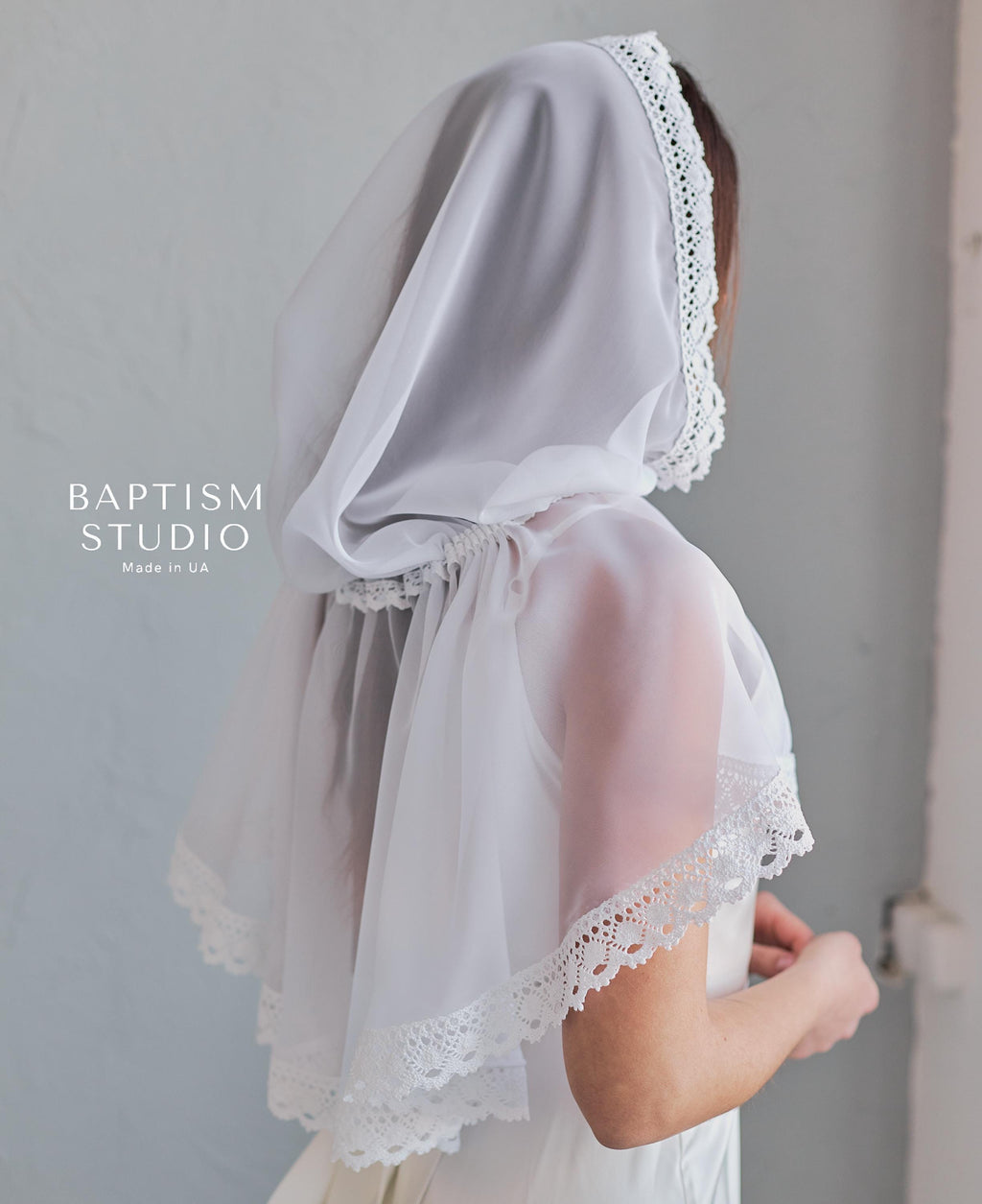 White Baptism Palantine with Lace | Chiffon Head Covering | Ships from USA