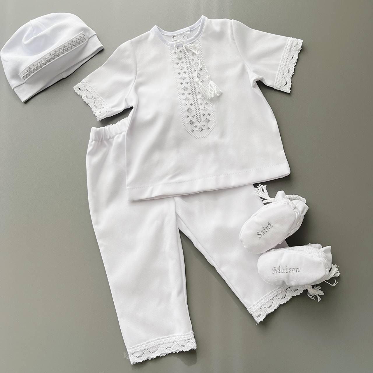 Personalized Linen Christening Set – Custom Embroidered Baptism Outfit & Blanket