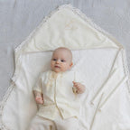Ivory Linen Baby Baptism Outfit with Hooded Towel | Christening Set with Angel Embroidery