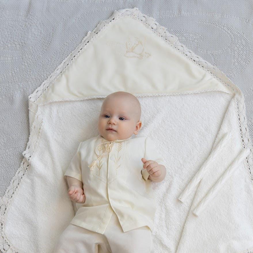 Ivory Linen Baby Baptism Outfit with Hooded Towel | Christening Set with Angel Embroidery