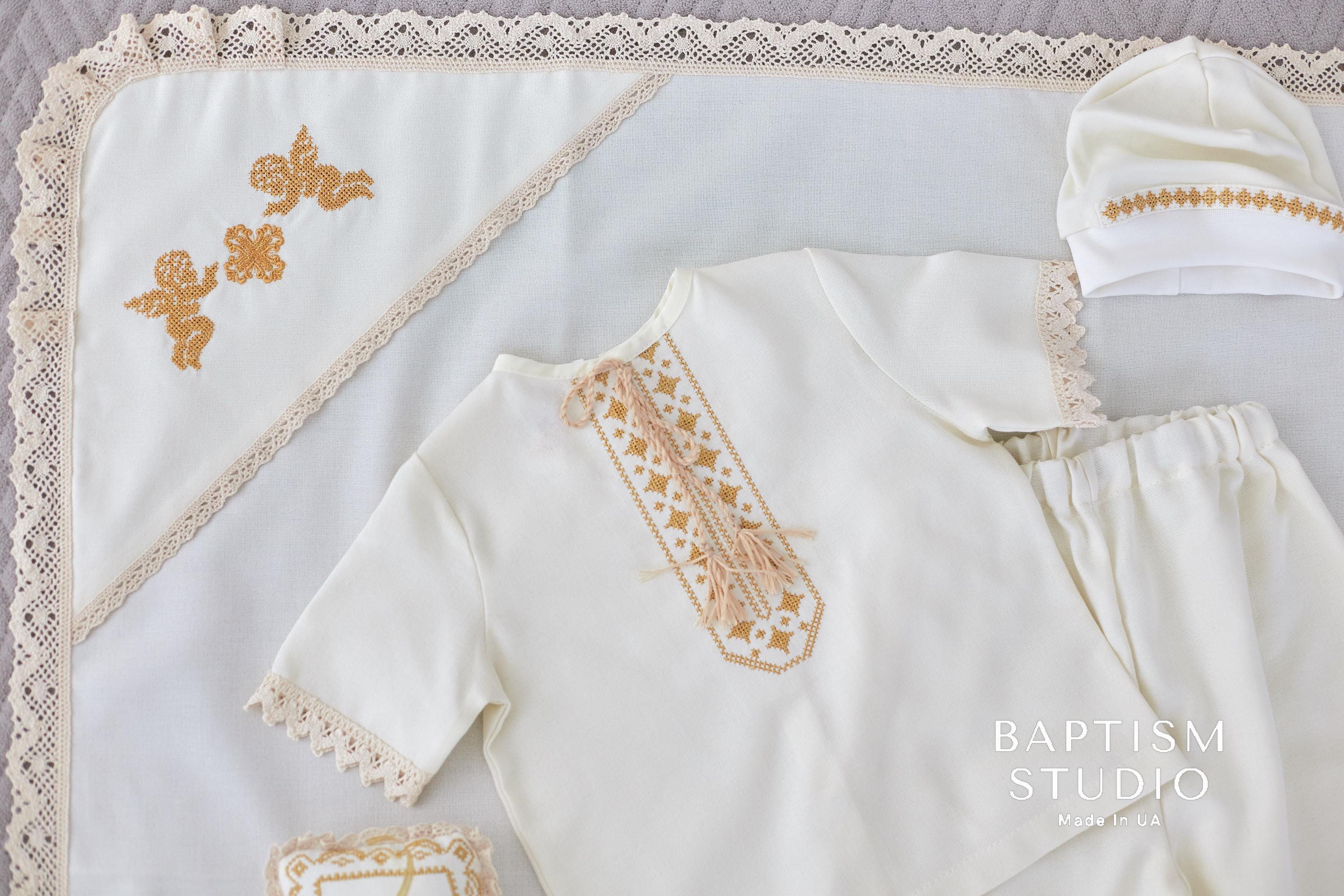 Handmade Ivory Linen Baptism Set – 6-Piece Baby Outfit with Blanket, Booties & Candles