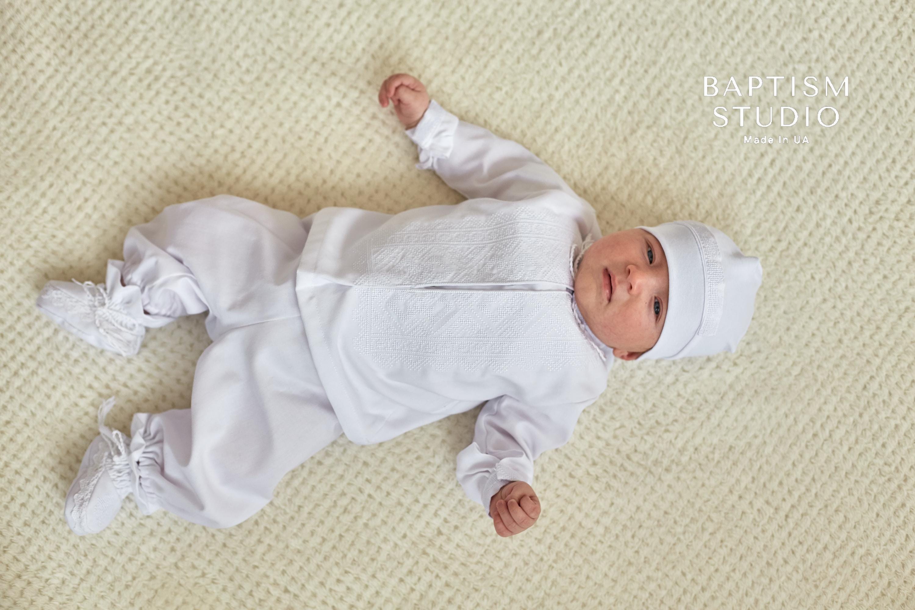 White Linen Baby Baptism Outfit with White Embroidery | Christening Set