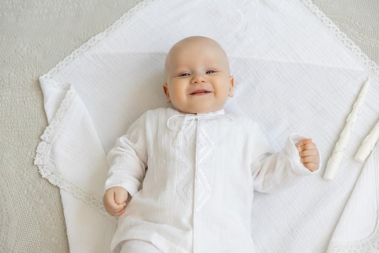 Baby Boy Baptism Outfit – White Muslin Christening Set with Shirt & Pants, White Embroidery