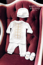 White Baby Baptism Velour Outfit with Silver Embroidery | Christening Set