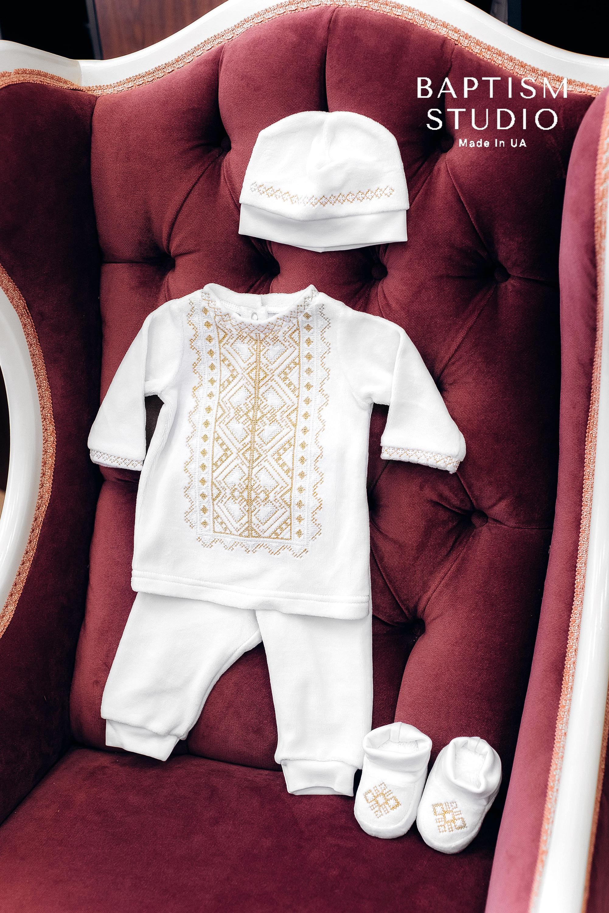 White Baby Baptism Velour Outfit with Silver Embroidery | Christening Set