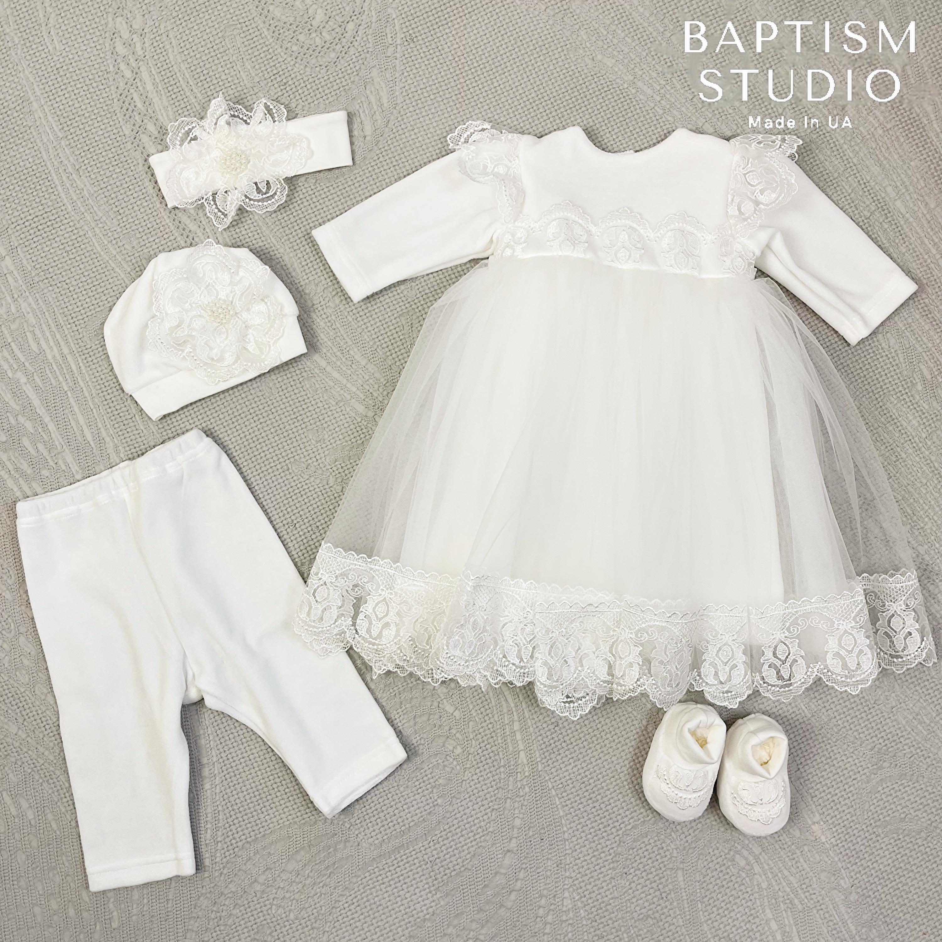 White Baby Baptism Dress Set with Lace | Velour Christening Outfit for Girl
