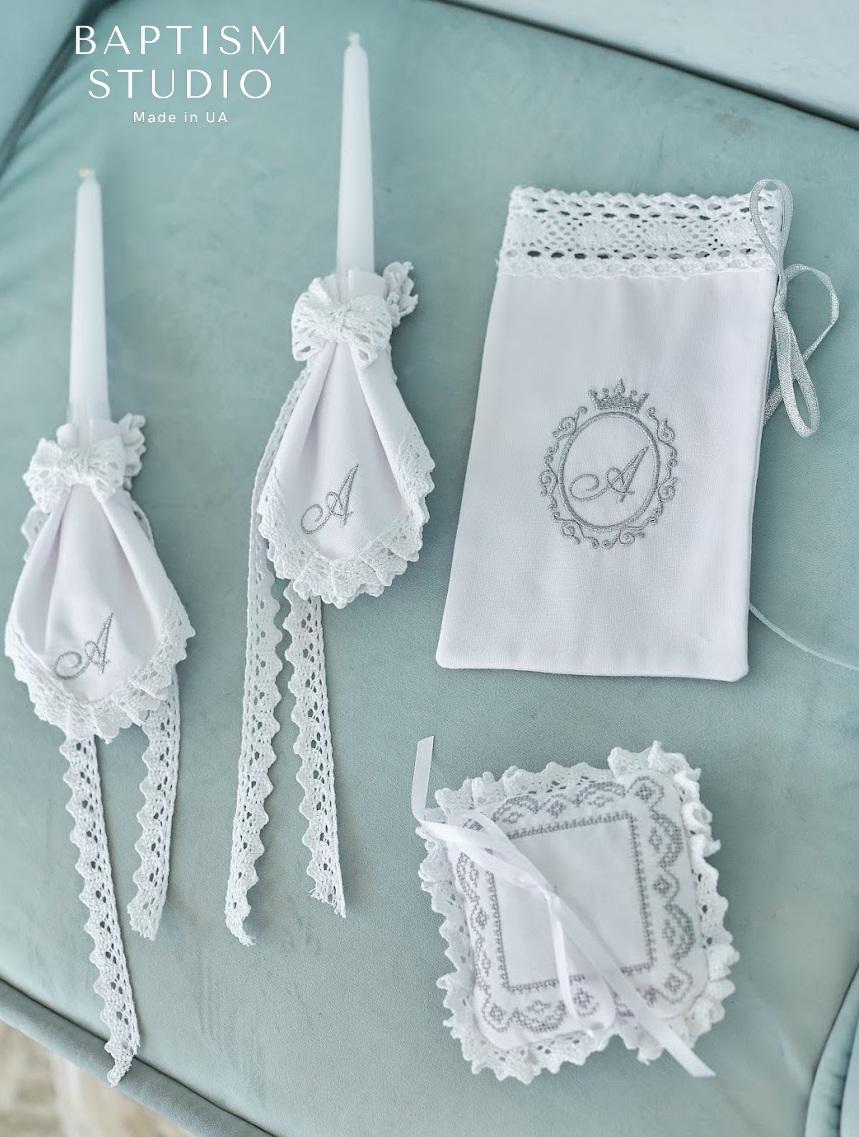 Personalized embroidered monogram on linen baptism set – custom baby christening keepsake.
