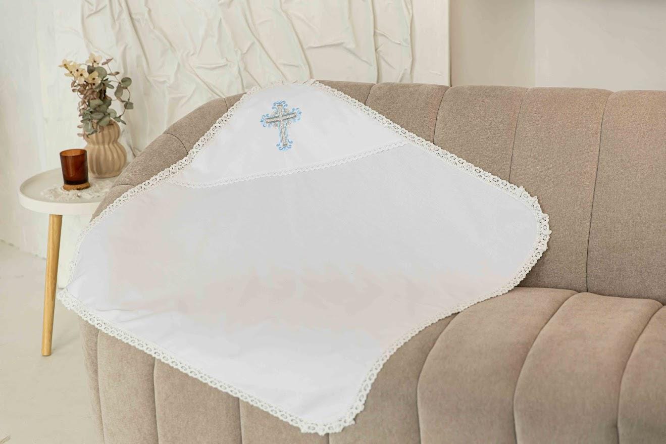 Personalized Linen Baptism Cloth – Embroidered Christening Shawl – Custom Baby Blanket